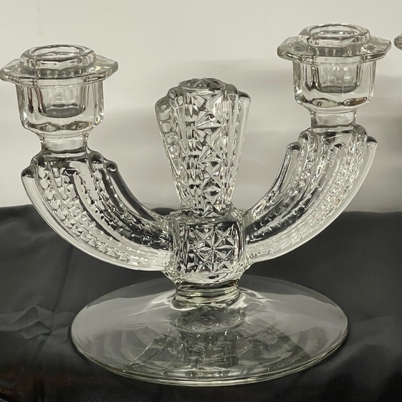 Pair Of Vintage Tiffin Glass Double Candlestick Holders‎ Etched Floral Clear EUC - Picture 3 of 11
